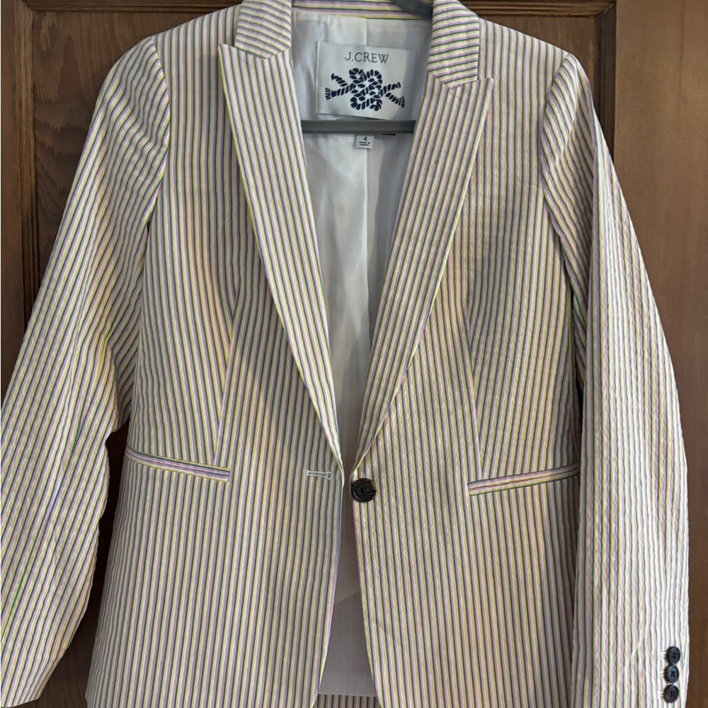 J.Crew green, yellow and white mini stripe seersucker blazer.